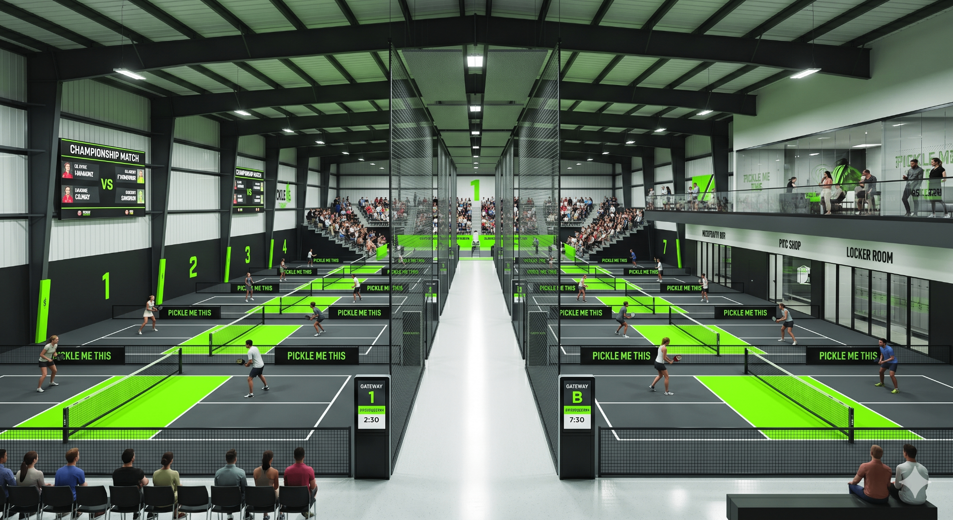 Championship arena concept with center walkway and crowd seating at Pickle Me This